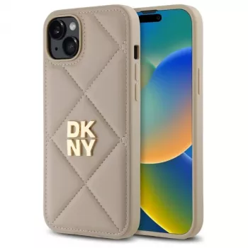 DKNY DKHCP15MPQDSLE Quilted Stack Logo Back Cover, skirta iPhone 15 Plus - smėlio spalvos