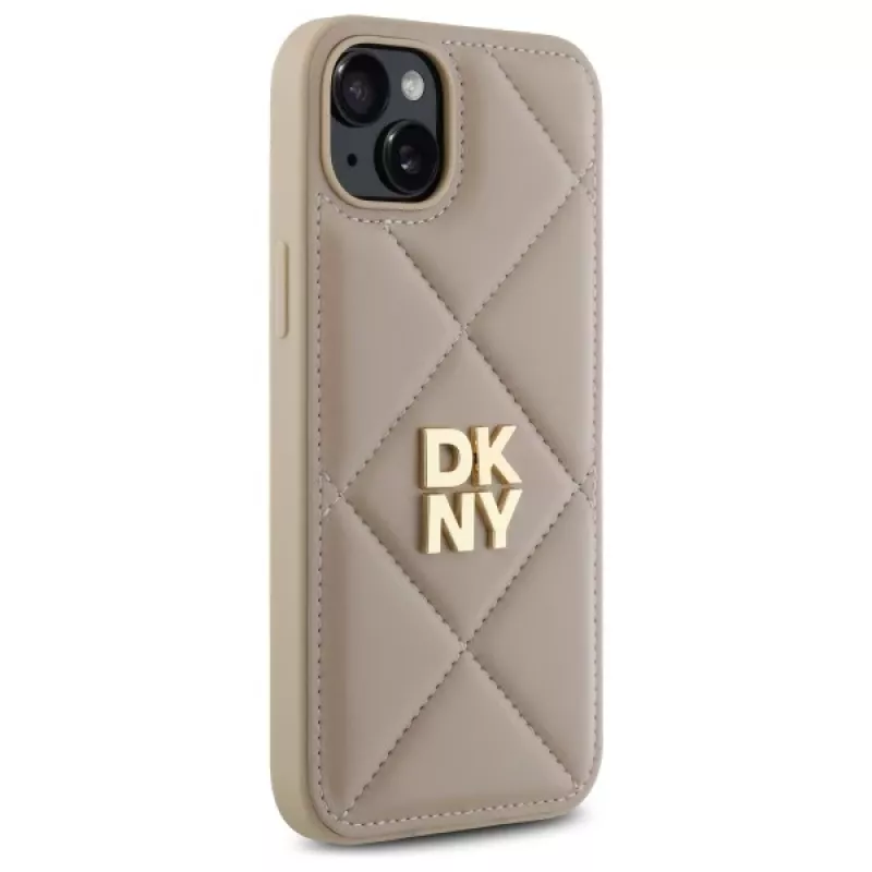 DKNY DKHCP15MPQDSLE Quilted Stack Logo Back Cover, skirta iPhone 15 Plus - smėlio spalvos