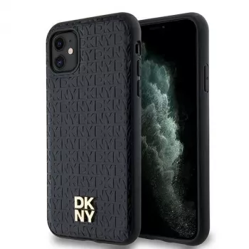 DKNY DKHMN61PSHRPSK iPhone 11 / XR 6,1 inch juodas odinis kietas dėklas su monogramos raštu, metaliniu logotipu ir MagSafe