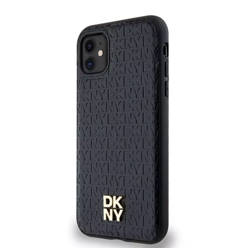 DKNY DKHMN61PSHRPSK iPhone 11 / XR 6,1 inch juodas odinis kietas dėklas su monogramos raštu, metaliniu logotipu ir MagSafe