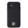 DKNY DKHMN61PSHRPSK iPhone 11 / XR 6,1 inch juodas odinis kietas dėklas su monogramos raštu, metaliniu logotipu ir MagSafe