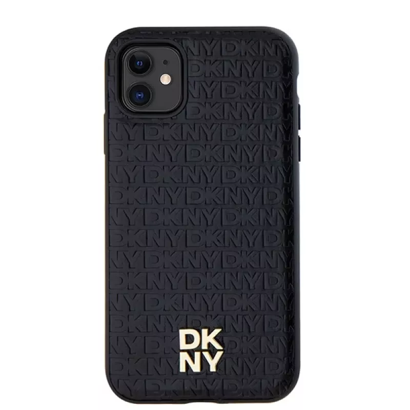 DKNY DKHMN61PSHRPSK iPhone 11 / XR 6,1 inch juodas odinis kietas dėklas su monogramos raštu, metaliniu logotipu ir MagSafe