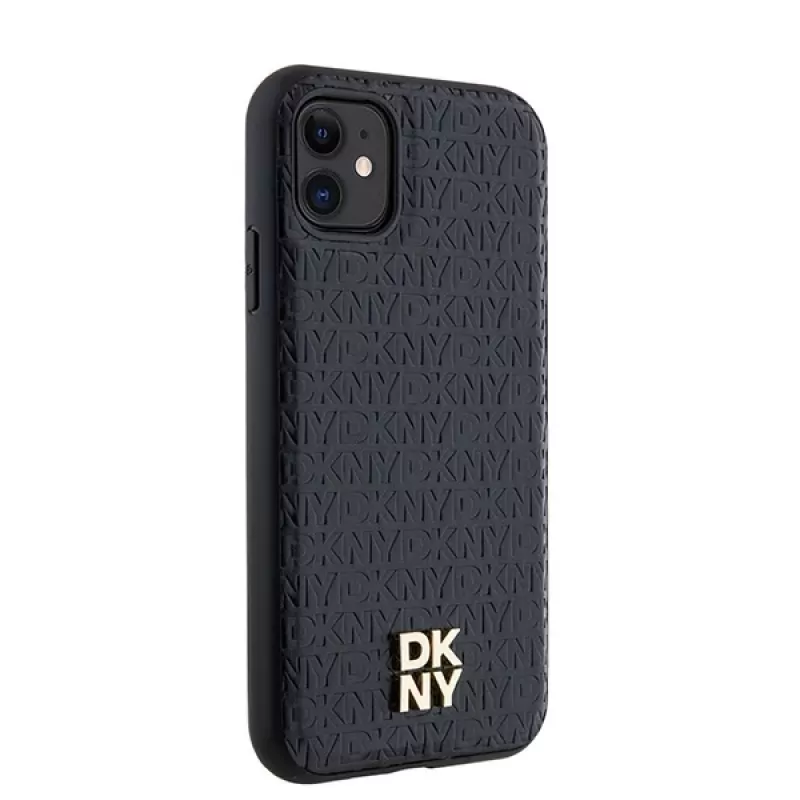 DKNY DKHMN61PSHRPSK iPhone 11 / XR 6,1 inch juodas odinis kietas dėklas su monogramos raštu, metaliniu logotipu ir MagSafe