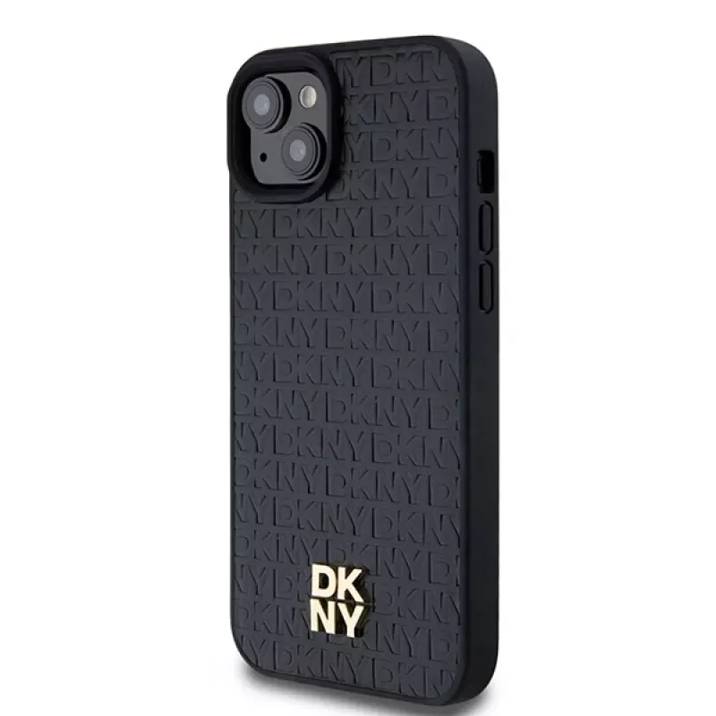 DKNY DKHMP15SPSHRPSK Hardcase, skirta iPhone 15/14/13 6,1 colio, juoda, odos raštas, metalinis logotipas, MagSafe