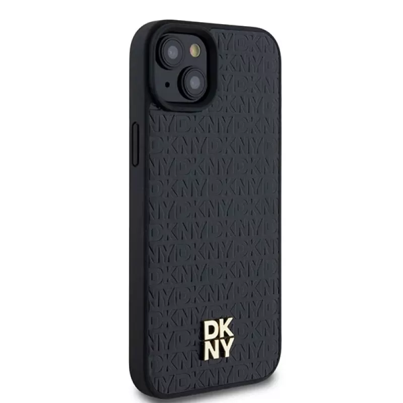 DKNY DKHMP15SPSHRPSK Hardcase, skirta iPhone 15/14/13 6,1 colio, juoda, odos raštas, metalinis logotipas, MagSafe