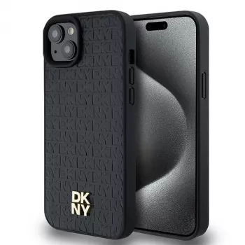 DKNY DKHMP15MPSHRPSK iPhone 15 Plus / 14 Plus 6,7 inch Black Hardcase Leather Monogram Pattern Metal Logo MagSafe