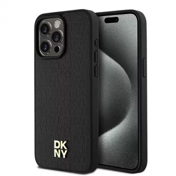 DKNY DKHMP15XPSHRPSK Kietas dėklas, skirtas iPhone 15 Pro Max 6,7 inch juodos odos monogramos raštas metalinis logotipas MagSafe