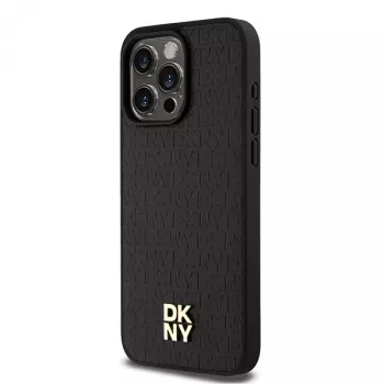 DKNY DKHMP15XPSHRPSK Kietas dėklas, skirtas iPhone 15 Pro Max 6,7 inch juodos odos monogramos raštas metalinis logotipas MagSafe