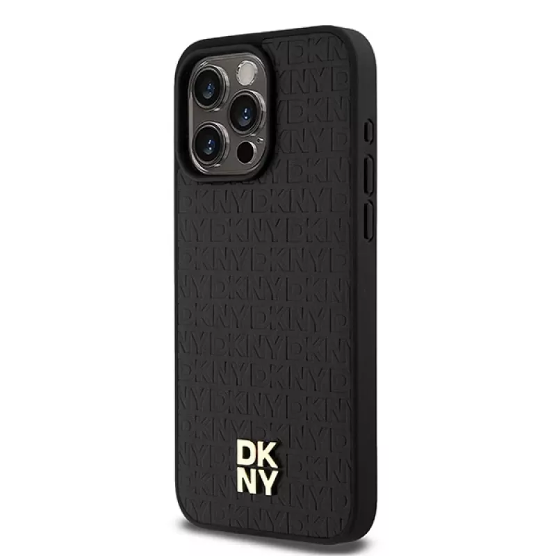 DKNY DKHMP15XPSHRPSK Kietas dėklas, skirtas iPhone 15 Pro Max 6,7 inch juodos odos monogramos raštas metalinis logotipas MagSafe