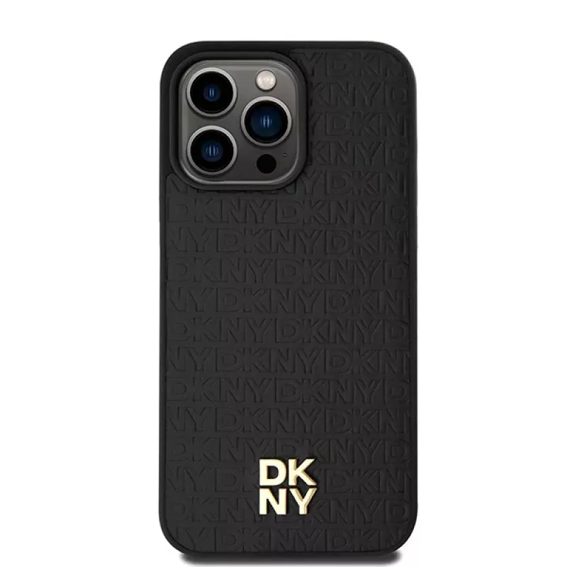 DKNY DKHMP15XPSHRPSK Kietas dėklas, skirtas iPhone 15 Pro Max 6,7 inch juodos odos monogramos raštas metalinis logotipas MagSafe