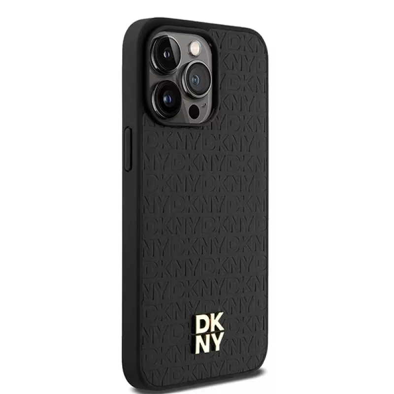 DKNY DKHMP15XPSHRPSK Kietas dėklas, skirtas iPhone 15 Pro Max 6,7 inch juodos odos monogramos raštas metalinis logotipas MagSafe