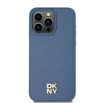 DKNY DKHMP15SPSHRPSB iPhone 15 / 14 / 13 6.1 Mėlynas kietas dėklas su odos raštu, metaliniu logotipu ir MagSafe