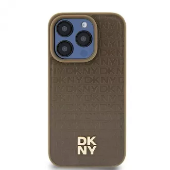 DKNY DKHMP14SPSHRPSW kietasis dėklas, skirtas iPhone 14/15/13, rudos odos raštas su metaliniu logotipu, MagSafe