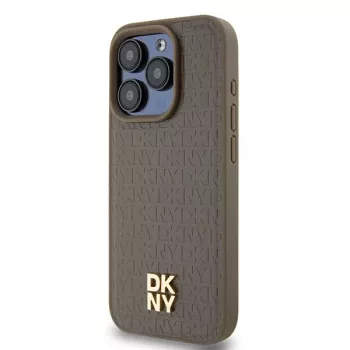 DKNY DKHMP14LPSHRPSW Kietasis dėklas, skirtas Apple iPhone 14 Pro 6,1 inch su rudos odos raštu, metaliniu logotipu ir MagSafe