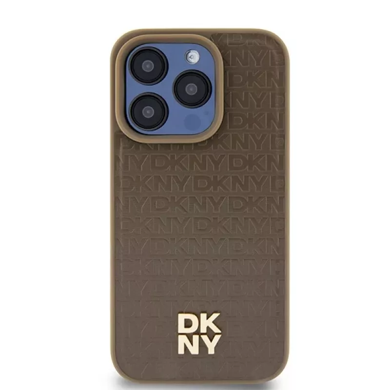 DKNY DKHMP14LPSHRPSW Kietasis dėklas, skirtas Apple iPhone 14 Pro 6,1 inch su rudos odos raštu, metaliniu logotipu ir MagSafe