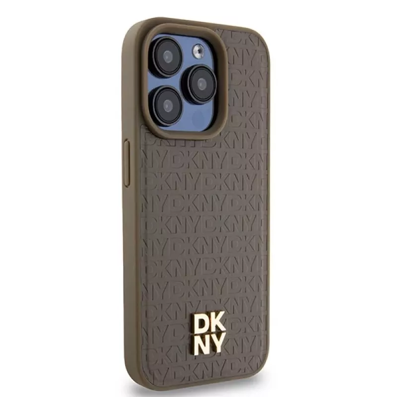 DKNY DKHMP14LPSHRPSW Kietasis dėklas, skirtas Apple iPhone 14 Pro 6,1 inch su rudos odos raštu, metaliniu logotipu ir MagSafe