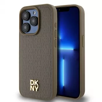 DKNY DKHMP14XPSHRPSW Kietasis dėklas, skirtas iPhone 14 Pro Max 6,7 inch, rudas, su dirbtinės odos raštu ir metaliniu logotipu, MagSafe