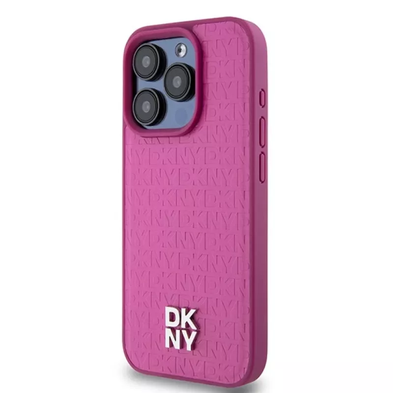 DKNY DKHMP15LPSHRPSP iPhone 15 Pro 6,1 inch Rožinis odinis kietas dėklas su monogramos raštu ir metaliniu logotipu, suderinamas su MagSafe
