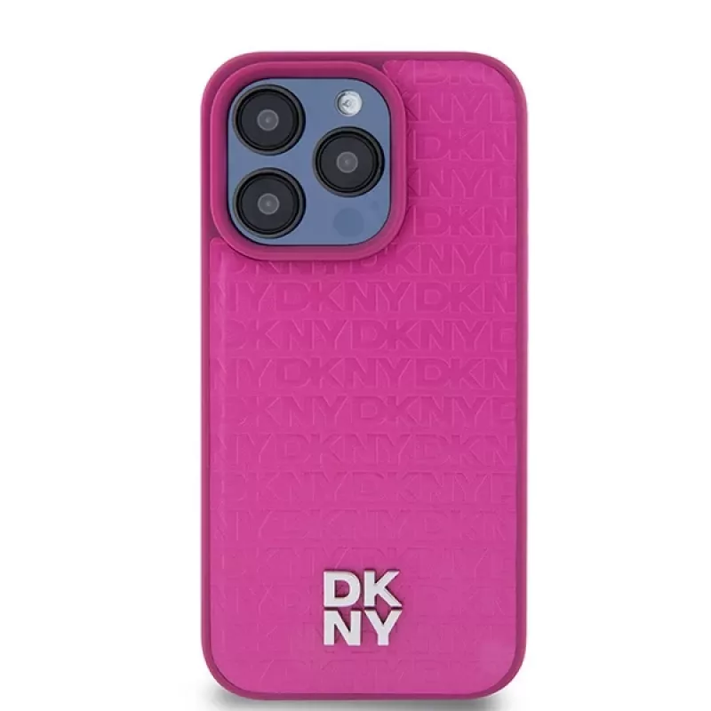 DKNY DKHMP15LPSHRPSP iPhone 15 Pro 6,1 inch Rožinis odinis kietas dėklas su monogramos raštu ir metaliniu logotipu, suderinamas su MagSafe