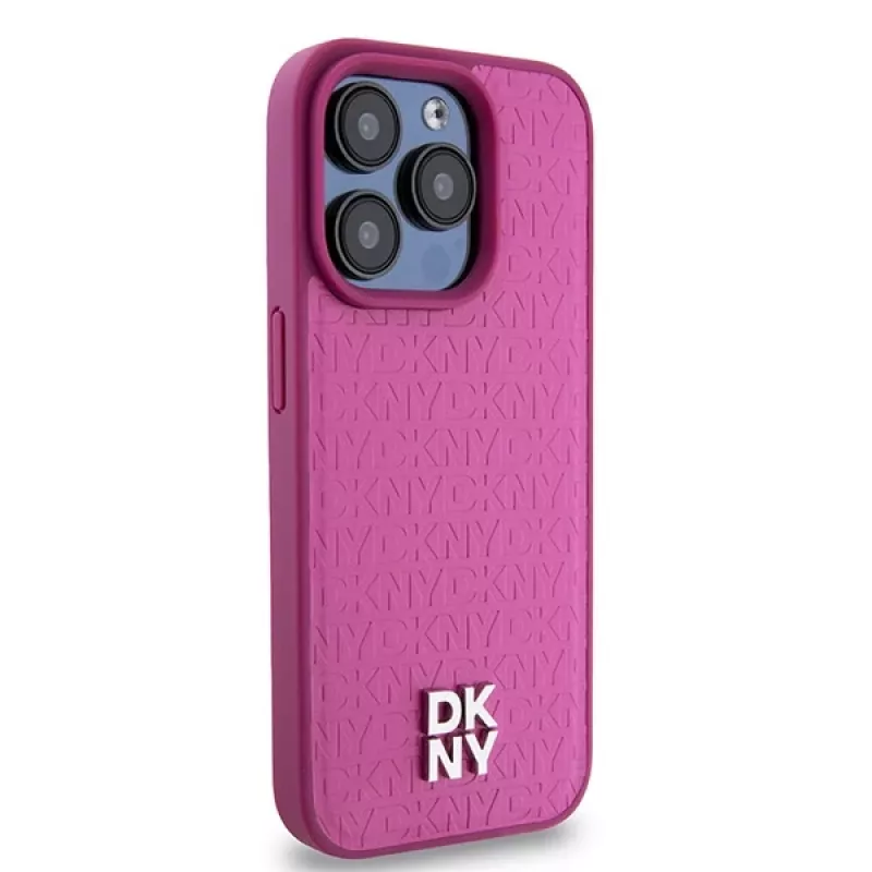 DKNY DKHMP15LPSHRPSP iPhone 15 Pro 6,1 inch Rožinis odinis kietas dėklas su monogramos raštu ir metaliniu logotipu, suderinamas su MagSafe