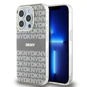 DKNY DKHMP15LHRHSEE Kietasis dėklas, skirtas Apple iPhone 15 Pro 6,1 inch, smėlio spalvos, IML Mono & Stripe, MagSafe