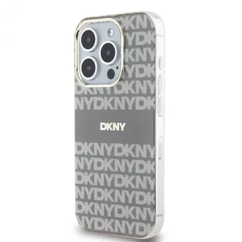 DKNY DKHMP15LHRHSEE Kietasis dėklas, skirtas Apple iPhone 15 Pro 6,1 inch, smėlio spalvos, IML Mono & Stripe, MagSafe