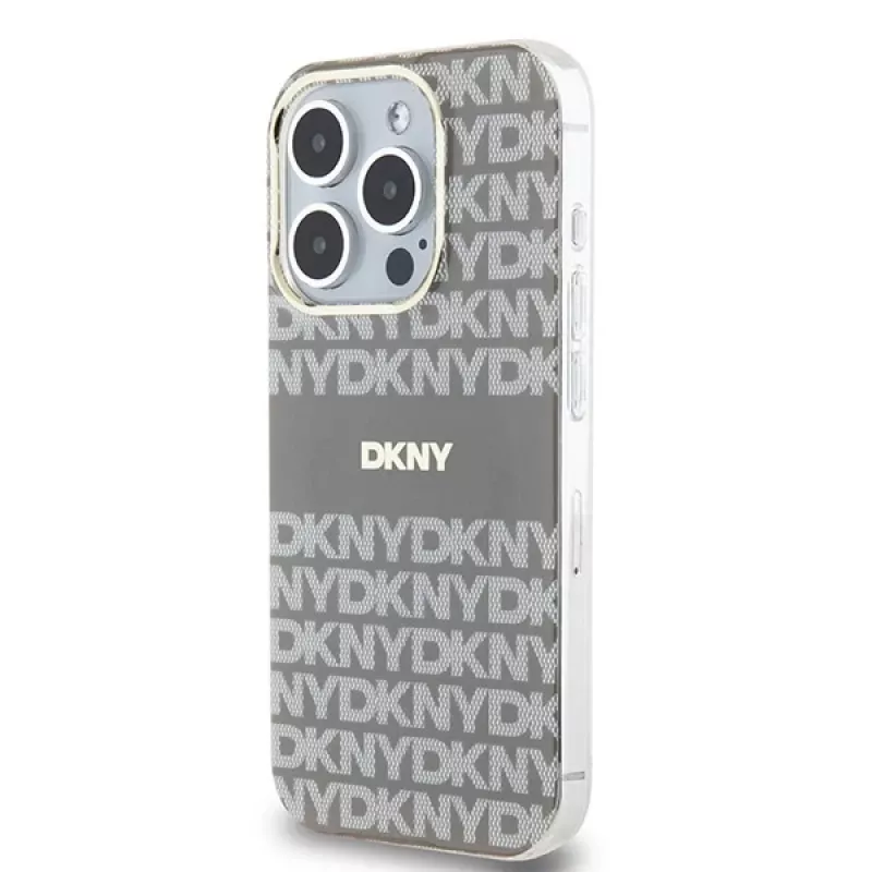 DKNY DKHMP15LHRHSEE Kietasis dėklas, skirtas Apple iPhone 15 Pro 6,1 inch, smėlio spalvos, IML Mono & Stripe, MagSafe