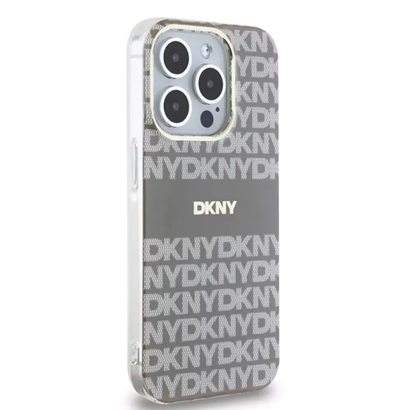 DKNY DKHMP15LHRHSEE Kietasis dėklas, skirtas Apple iPhone 15 Pro 6,1 inch, smėlio spalvos, IML Mono & Stripe, MagSafe