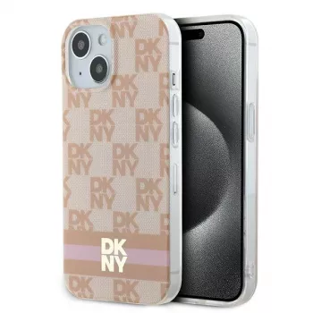 DKNY DKHMP15SHCPTSP Kietasis dėklas, skirtas iPhone 15 / 14 / 13 6,1 inch rožinis languotas monochrominis raštas su spausdintomis juostelėmis, MagSafe