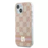 DKNY DKHMP15SHCPTSP Kietasis dėklas, skirtas iPhone 15 / 14 / 13 6,1 inch rožinis languotas monochrominis raštas su spausdintomis juostelėmis, MagSafe