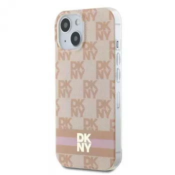 DKNY DKHMP15SHCPTSP Kietasis dėklas, skirtas iPhone 15 / 14 / 13 6,1 inch rožinis languotas monochrominis raštas su spausdintomis juostelėmis, MagSafe