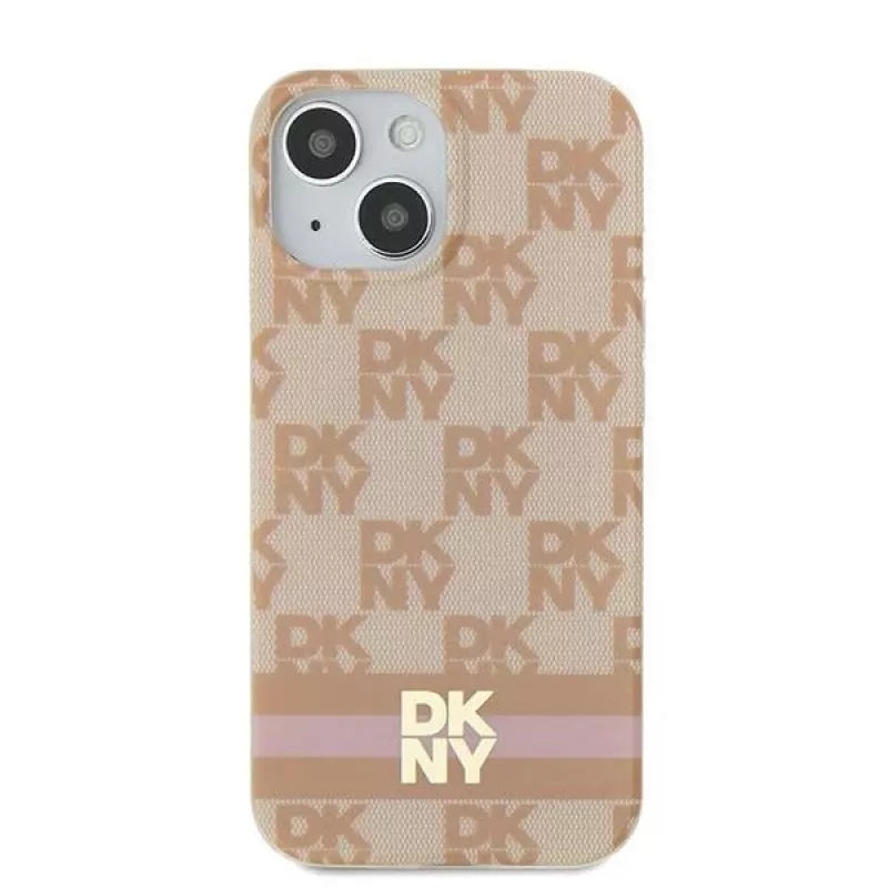 DKNY DKHMP15SHCPTSP Kietasis dėklas, skirtas iPhone 15 / 14 / 13 6,1 inch rožinis languotas monochrominis raštas su spausdintomis juostelėmis, MagSafe