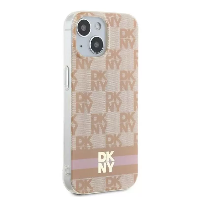 DKNY DKHMP15SHCPTSP Kietasis dėklas, skirtas iPhone 15 / 14 / 13 6,1 inch rožinis languotas monochrominis raštas su spausdintomis juostelėmis, MagSafe
