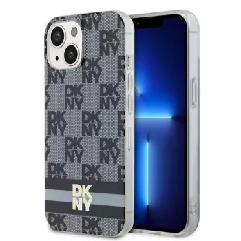 DKNY DKHMP14SHCPTSK Kietasis dėklas, skirtas iPhone 14/15, šachmatų raštas ir dryžiai, juodas, MagSafe