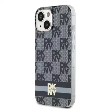 DKNY DKHMP14SHCPTSK Kietasis dėklas, skirtas iPhone 14/15, šachmatų raštas ir dryžiai, juodas, MagSafe