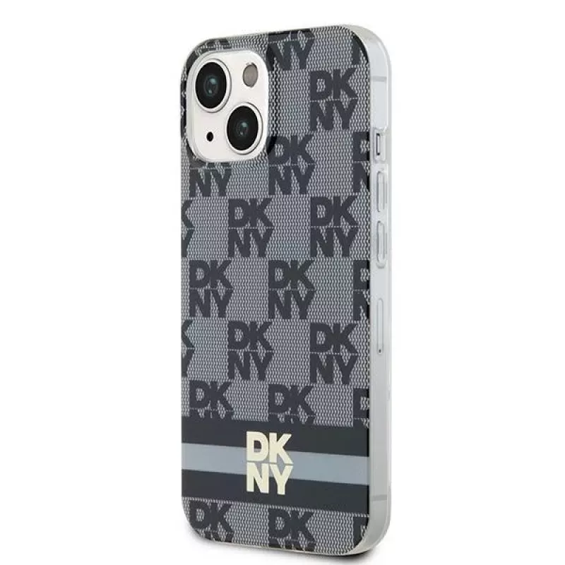 DKNY DKHMP14SHCPTSK Kietasis dėklas, skirtas iPhone 14/15, šachmatų raštas ir dryžiai, juodas, MagSafe