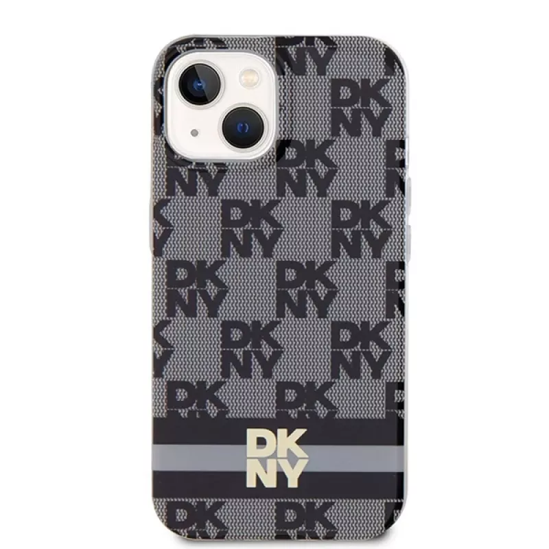 DKNY DKHMP14SHCPTSK Kietasis dėklas, skirtas iPhone 14/15, šachmatų raštas ir dryžiai, juodas, MagSafe