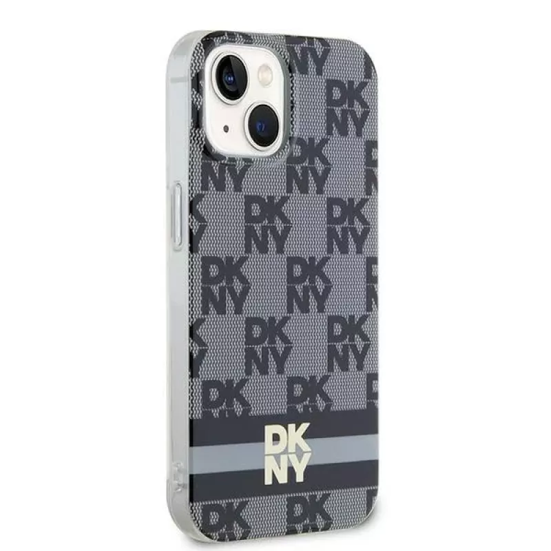 DKNY DKHMP14SHCPTSK Kietasis dėklas, skirtas iPhone 14/15, šachmatų raštas ir dryžiai, juodas, MagSafe