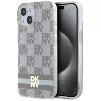 DKNY DKHMP15SHCPTSE Kietas dėklas, skirtas Apple iPhone 15 / 14 / 13 6,1 inch smėlio spalvos languotu mono raštu ir spausdintomis juostelėmis, su MagSafe