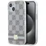 DKNY DKHMP15SHCPTSE Kietas dėklas, skirtas Apple iPhone 15 / 14 / 13 6,1 inch smėlio spalvos languotu mono raštu ir spausdintomis juostelėmis, su MagSafe