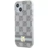 DKNY DKHMP15SHCPTSE Kietas dėklas, skirtas Apple iPhone 15 / 14 / 13 6,1 inch smėlio spalvos languotu mono raštu ir spausdintomis juostelėmis, su MagSafe
