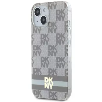 DKNY DKHMP15SHCPTSE Kietas dėklas, skirtas Apple iPhone 15 / 14 / 13 6,1 inch smėlio spalvos languotu mono raštu ir spausdintomis juostelėmis, su MagSafe
