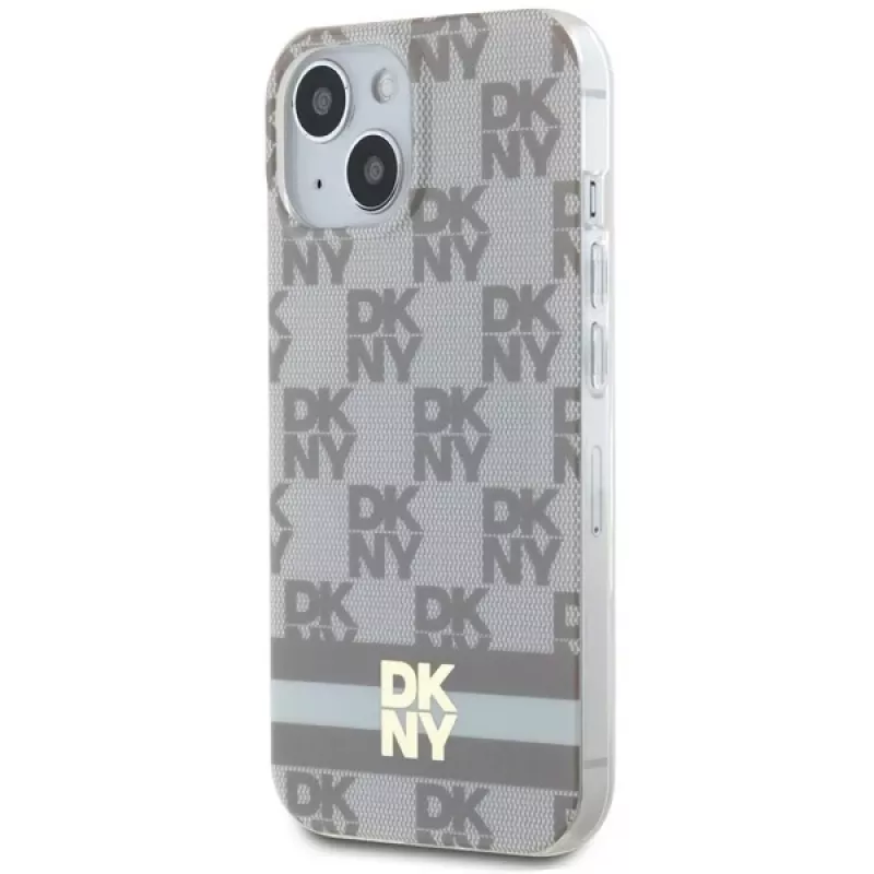 DKNY DKHMP15SHCPTSE Kietas dėklas, skirtas Apple iPhone 15 / 14 / 13 6,1 inch smėlio spalvos languotu mono raštu ir spausdintomis juostelėmis, su MagSafe