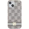 DKNY DKHMP15SHCPTSE Kietas dėklas, skirtas Apple iPhone 15 / 14 / 13 6,1 inch smėlio spalvos languotu mono raštu ir spausdintomis juostelėmis, su MagSafe