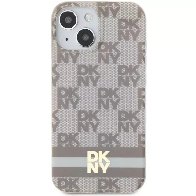 DKNY DKHMP15SHCPTSE Kietas dėklas, skirtas Apple iPhone 15 / 14 / 13 6,1 inch smėlio spalvos languotu mono raštu ir spausdintomis juostelėmis, su MagSafe