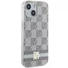 DKNY DKHMP15SHCPTSE Kietas dėklas, skirtas Apple iPhone 15 / 14 / 13 6,1 inch smėlio spalvos languotu mono raštu ir spausdintomis juostelėmis, su MagSafe