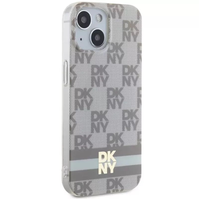 DKNY DKHMP15SHCPTSE Kietas dėklas, skirtas Apple iPhone 15 / 14 / 13 6,1 inch smėlio spalvos languotu mono raštu ir spausdintomis juostelėmis, su MagSafe