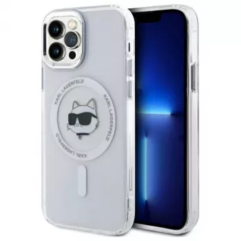 Karl Lagerfeld KLHMP12MHLSCHH Hardcase, iPhone 12/12 Pro 6,1 inch baltas, IML metalinis Choupette galva, MagSafe