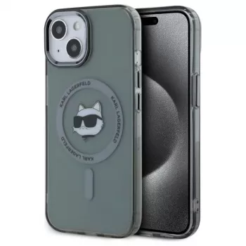 Karl Lagerfeld KLHMP15SHLSCHK Kietas dėklas, skirtas iPhone 15 6,1 colio, juodas, metalinė Choupette galva, MagSafe
