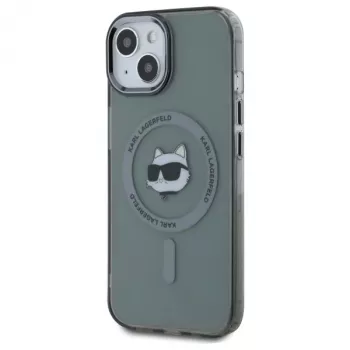 Karl Lagerfeld KLHMP15SHLSCHK Kietas dėklas, skirtas iPhone 15 6,1 colio, juodas, metalinė Choupette galva, MagSafe